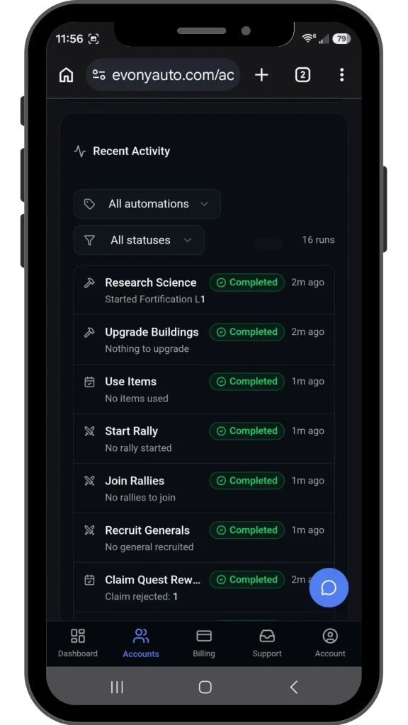 Evony Bot activity log showing completed rallies, upgrades, research, quests and automated tasks