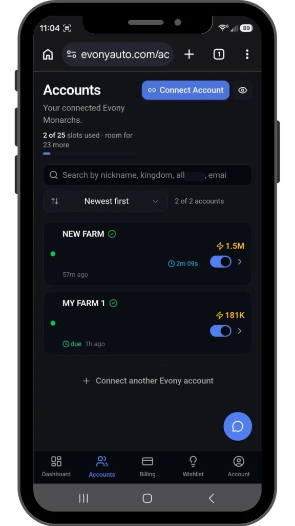 EvEvony Bot dashboard showing farms screen