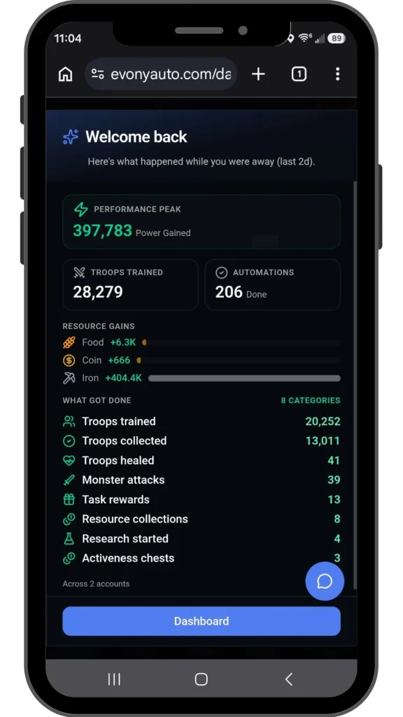 Evony Bot dashboard showing Home screen