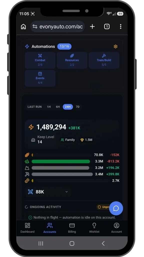 Evony Bot dashboard showing results screen
