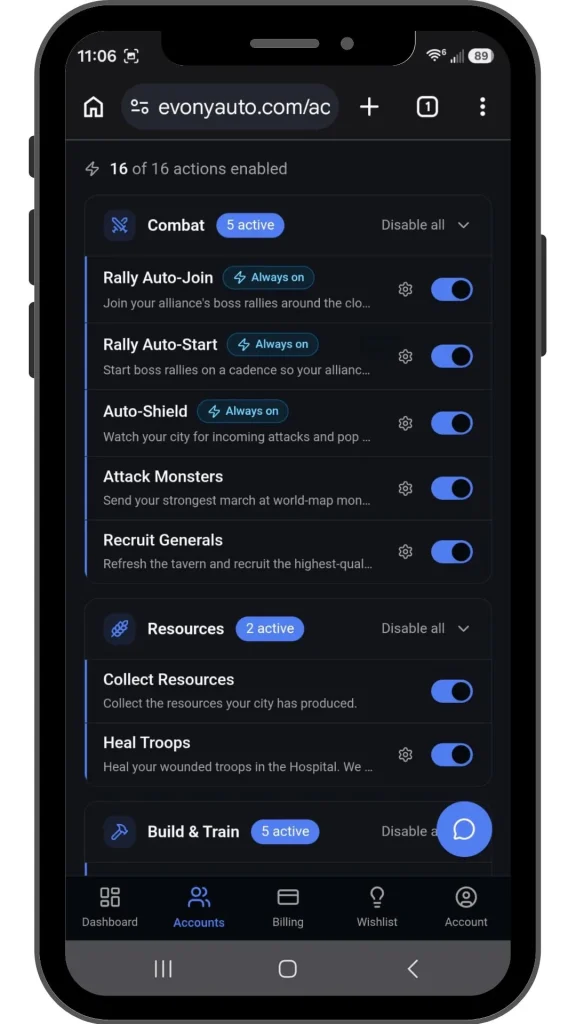 Evony Bot dashboard showing tasks screen