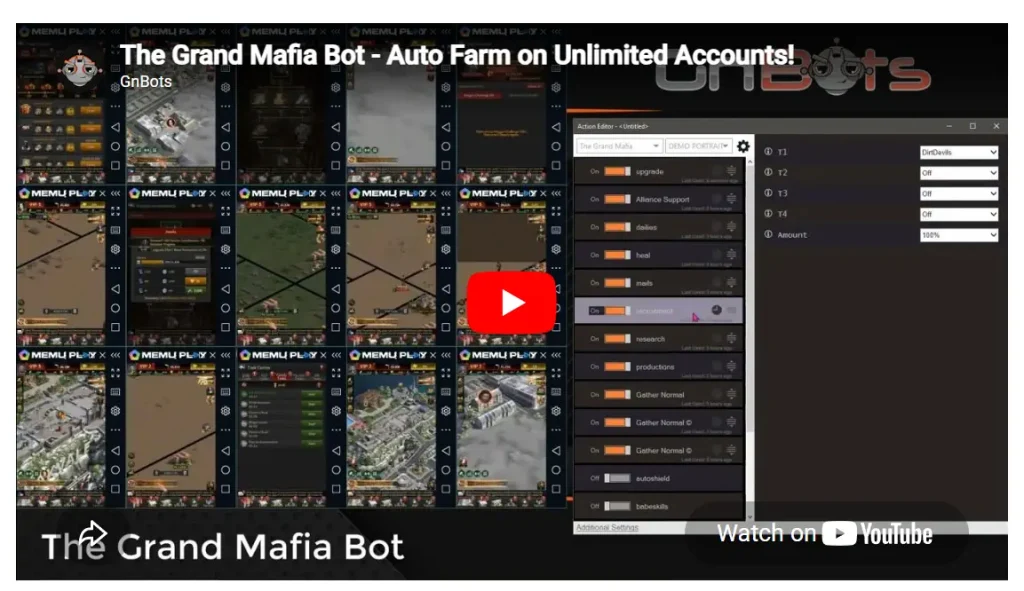 Watch the GnBots Grand Mafia automation demo showing accounts running inside the software