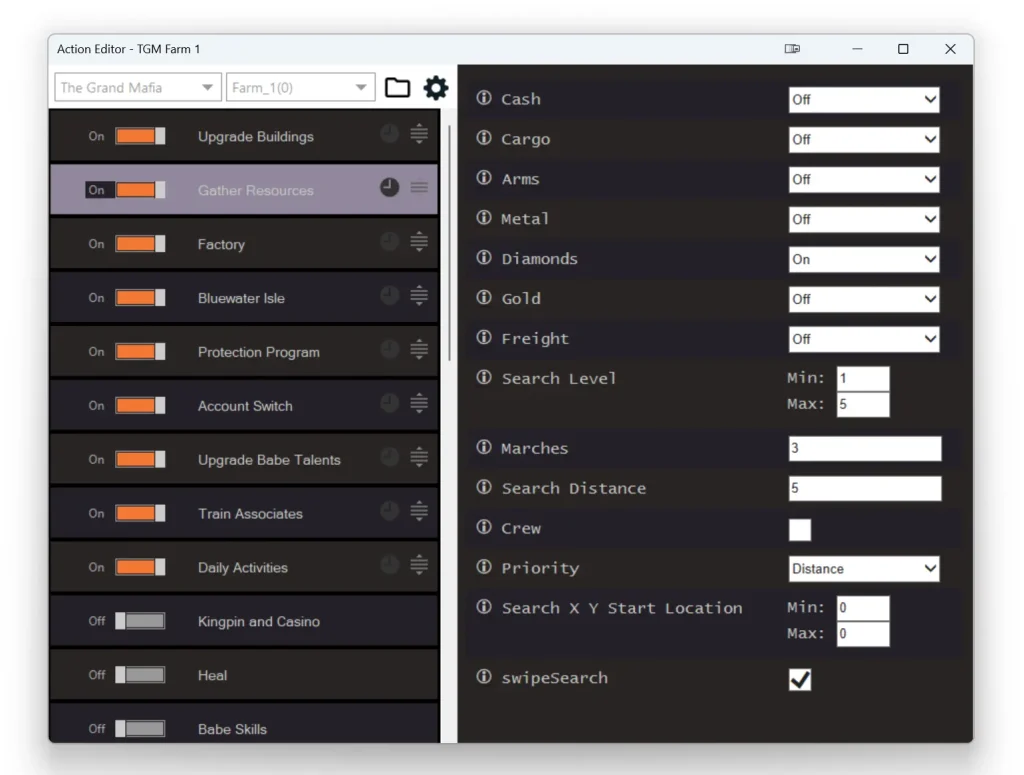 Grand Mafia Bot dashboard showing automatic resource gathering settings
