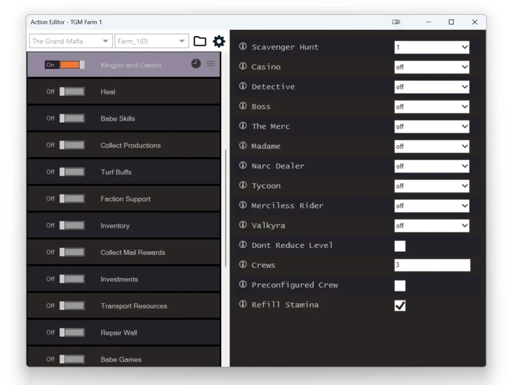 GnBots settings for managing Grand Mafia Kingpin and Casino tasks automatically