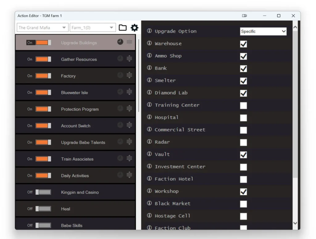 GnBots settings panel for managing Grand Mafia building upgrades and account tasks