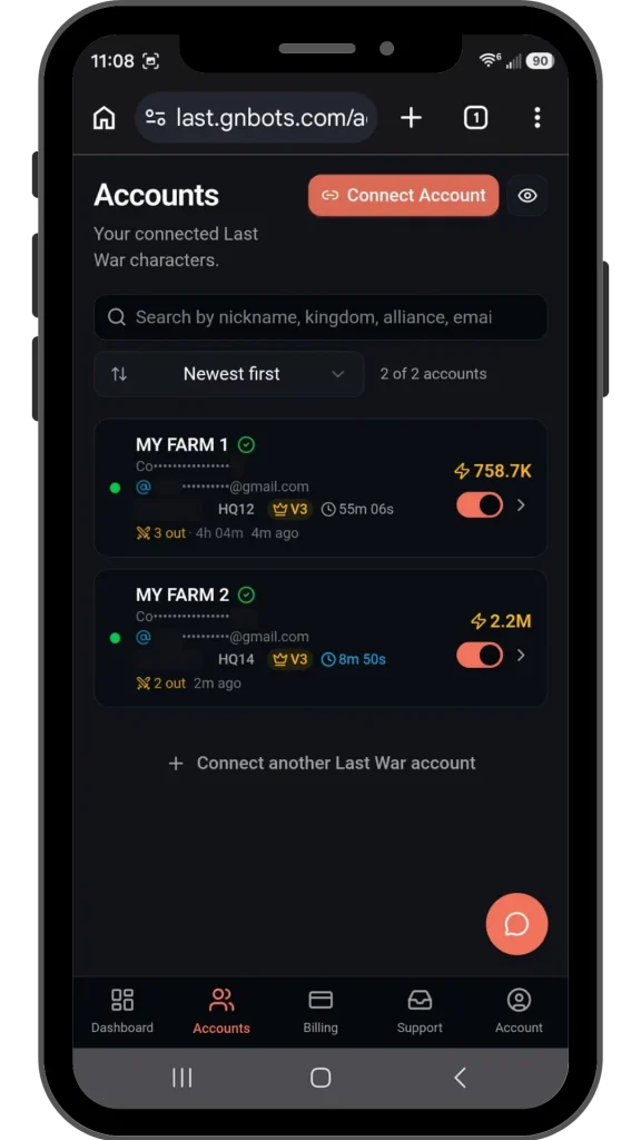 Last War Auto cloud dashboard showing list of game accounts