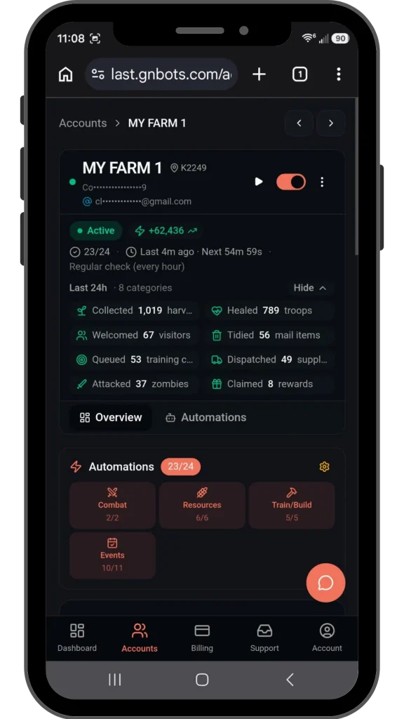 Last War Auto cloud dashboard showing farm accounts