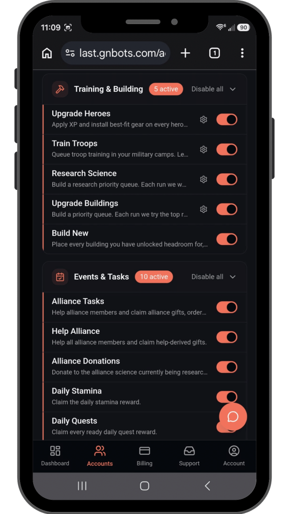 Last War Auto cloud dashboard showing tasks to automate