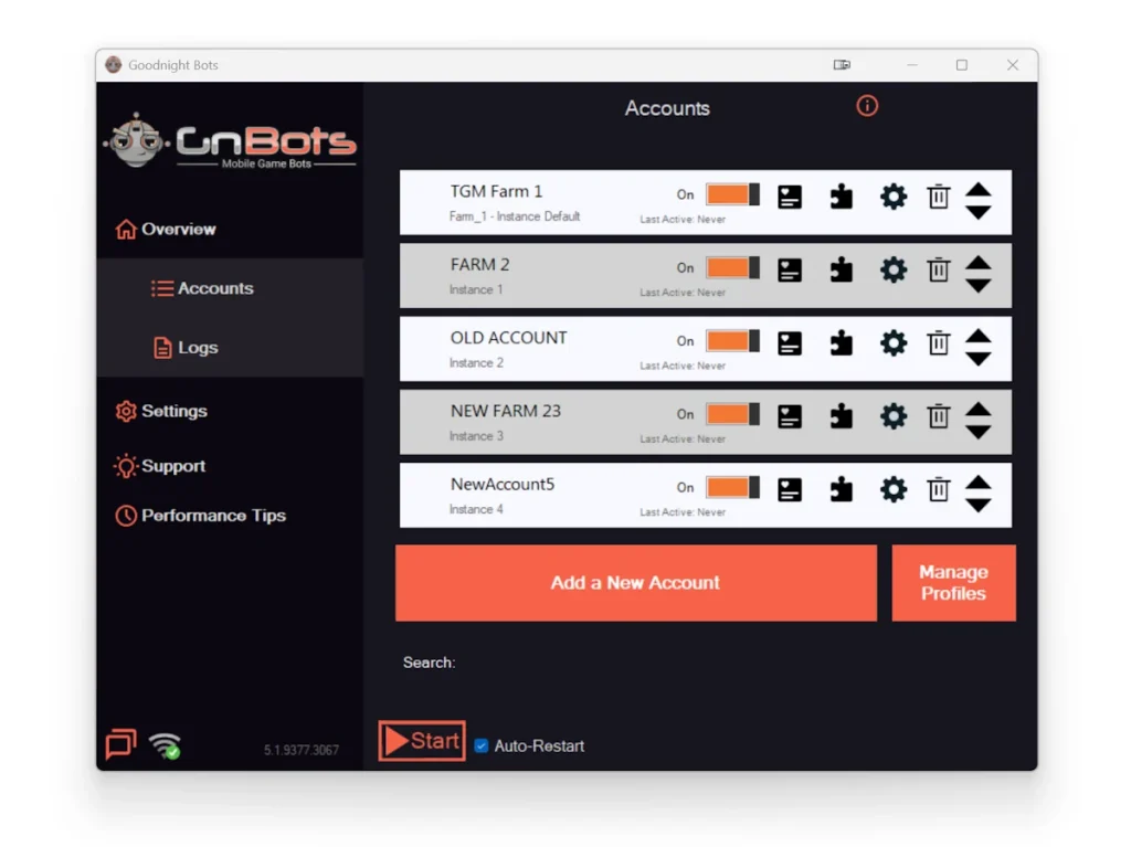 GnBots dashboard managing multiple Grand Mafia accounts and farm accounts